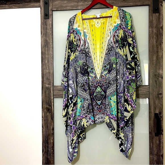 Chico's Tops - Chico's Vibrant Purple & Yellow Patterned Kimono Top Size L/XL Handkerchief Hem